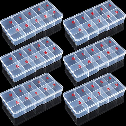 6 Pieces Nail Art Tip Storage Organizer Box with 10 Number Empty Spaces Transparent False Nail Tip Storage Case Container Clear Plastic Grid Box for Fingernail Crystal, Jewelry, Accessories