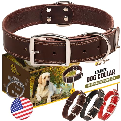 ADITYNA Heavy Duty Leather Dog Collar for Large Dogs - Soft and Strong Leather Collar for Walking, Training, Hunting, and Running (Large: Fit 17" - 23" Neck, Brown)