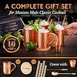 Yooreka Gift Set Moscow Mule Mugs Set Of 4 16 oz Solid Cooper, 100% Pure Copper Cups Cylindrical Shape HANDCRAFTED, BONUS 4 Straws, 4 Wood Coasters, Stirring Spoon, And Shot Glass (Square)