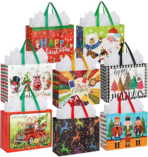 HOIIOH 16 Extra Large Christmas Gift Bags Bulk with Handles, Reusable Christmas Tote Bags, Non-Woven Christmas Shopping Bags Set for Wrapping Gaint Xmas Holiday Presents(8 Designs)