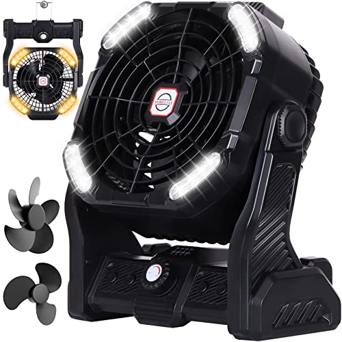Runtop 20000mAh Battery Operated 2-Blade Camping Fan, USB Rechargeable Desk Fan with 2-Color LED Light & Hook, Timer, Portable for Outdoor Use