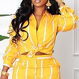 Remelon 2 Piece Outfits for Women Stripe Print Button Down Shirt Top Loose Pants Matching Sets Loungewear Tracksuit Streetwear Yellow XXL