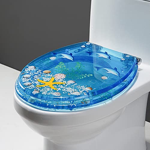 JIAJIAJIE Transparent Toilet Seat Lid Covers,Standard Resin Toilet Seat with Chrome Hinges,3D Ocean Series Round Toilet Seat for ​U/V/O Toile (Color : Dolphin)