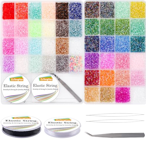 EuTengHao 16800pcs Tube Beads Kit Glass Bugle Seed Beads Small Craft Beads for DIY Crafting Jewelry Making Supplies (3mm, 350 Per Color, 48 Colors)