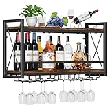 Homeiju Wall Mounted Wine Rack, Bottle & Glass Holder Wood-Metal Retro Wine Rack, Wine Bottles Display Wall Storage for Kitchen Dining Room Home Bar