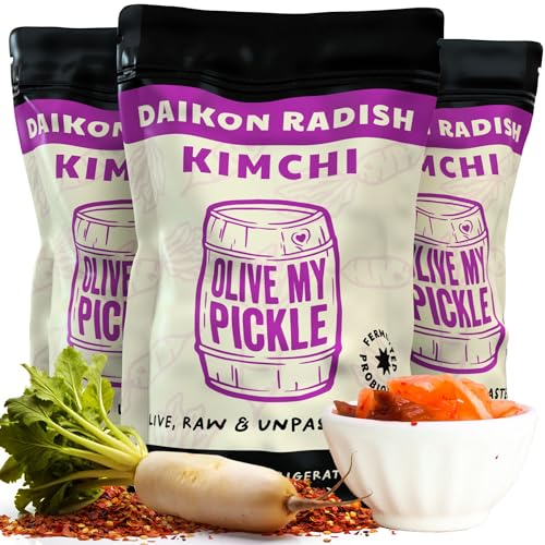 Olive My Pickle Fermented Kimchi - 48 Ounces | 3-Pack Bundle of Probiotic Daikon Radish Kimchi | Fresh & Flavorful Korean Food with Natural Probiotics for Gut Health - Perfect for Ramen & Spicy Noodles