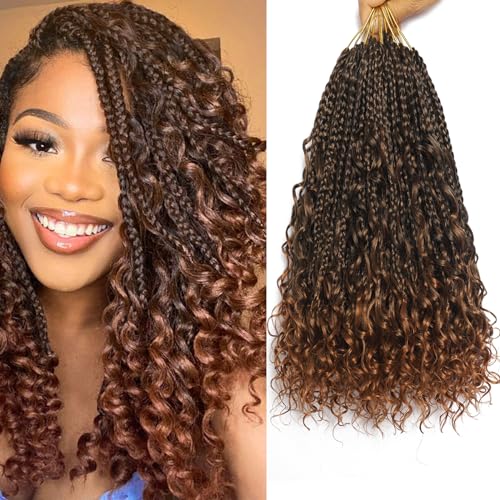 Flagship 9 Packs Goddess Box Braids Crochet Hair for Black Women,14 Inch Ombre Pre-looped Crochet Braids with Curly Ends, Bohemian Curly Hippie Box Braids Crochet Hair-T30