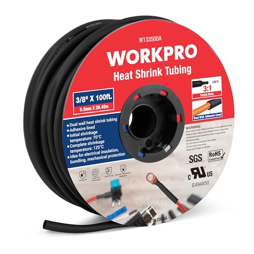 WORKPRO 100 FT 3/8" Heat Shrink Tubing, 3:1 Ratio Dual Wall Adhesive Lined Heat Wire Shrink Wrap Tubing, Industrial and Marine Grade Shrinking Cable Tube, Flame Retardant and Waterproof, Black