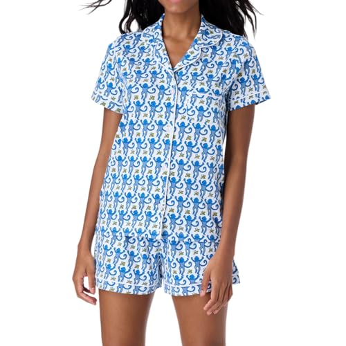 Zelbuck Womens Pajamas Set Trendy 2 Piece Button Down Monkey Bunny Shorts Set Y2k Roller Dupes Rabbit Preppy Loungewear Pjs Blue, Small
