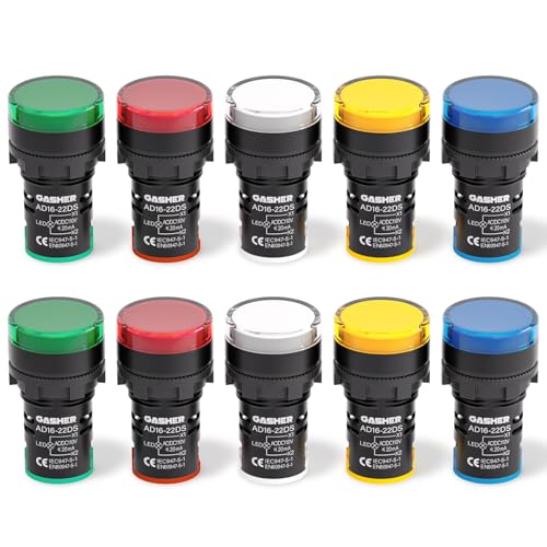 GASHER 12V/24V/110V 20mA Energy Saving LED Indicator Light Mounting Hole Size 22mm (7/8 Inch) Green Yellow Red Blue White (24V) 10 Pcs