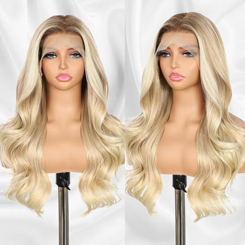 BABEHERS Blonde Lace Front Wig 13x4 Pre Plucked Synthetic Wig for Women Highlight Ombre blonde Natural Looking Body Wave with Dark Roots 22 Inch for Cosplay Daily Party Use