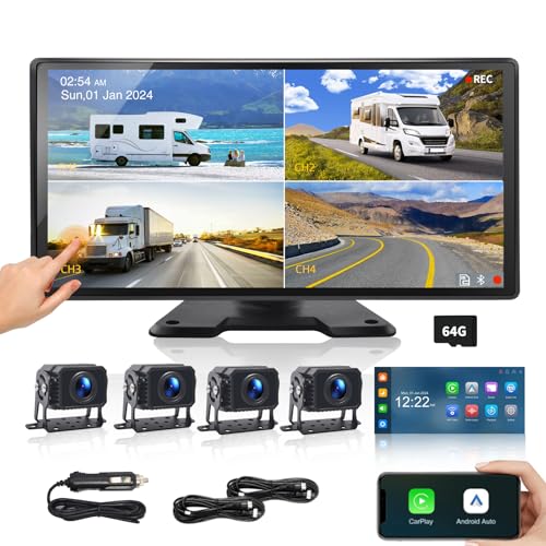 ATOVANKA 4 Channel Semi Truck Camera System with Apple Carplay & Andriod Auto,10.36 "IPS 360 Camera System for RV/Truck/Trailer/Semi Truck,24H Parking Monitoring,IP69K Waterproof