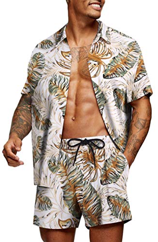 COOFANDY Men's Floral Pattern 2 Piece Summer Beach Short Sleeve Loose Tracksuits Hawaiian Matching Set Loose Swim Set