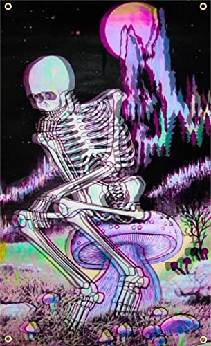 The Thinker Psychedelic Skeleton Mushroom Wall Art Flag - 3' X 5' Trippy Tapestry Skull Room Decor for Men - Cool Grunge Aesthetic Bedroom Accessories for Women - Stoner Hippie Emo Alt Hanging Tapestries