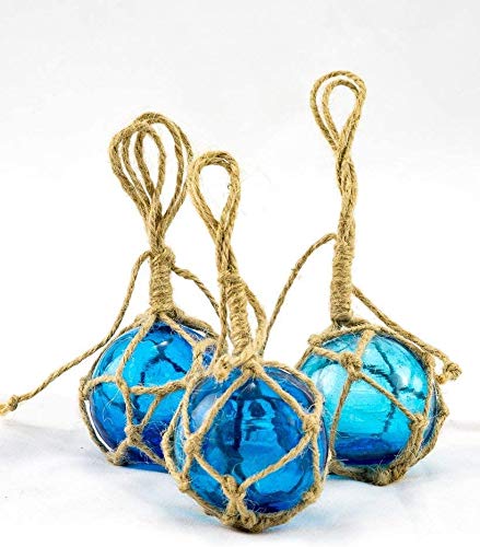 Glass Fishing Floats | Aqua Japanese Glass Floats 2" | Nautical Rope Ball | Nautical Themed Wall Decor | Beach House Decor | Glass Buoys for Decoration and Ocean Room Decor (3 Pack)