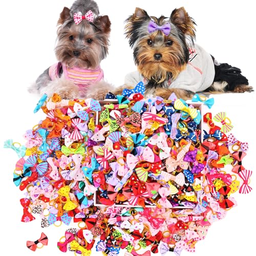 Senniea 100PCS Cute Puppy Dog Small Bowknot Hair Bows,Yorkie Doggie Bows with Rubber Band Pet Grooming Bows Dog Hair Costume Accessories for Small Dog