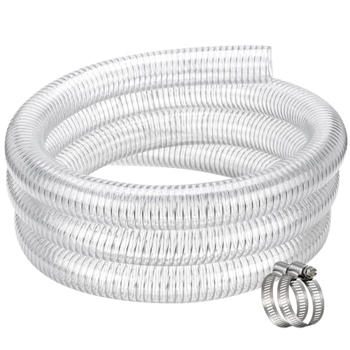 Suction Hose 2" id - 50ft Flexible Clear Steel Wire Reinforced Vinyl Tubing Heavy Duty Vacuum PVC Drain Pipe for Pump Water, with 2 Hose Clamps