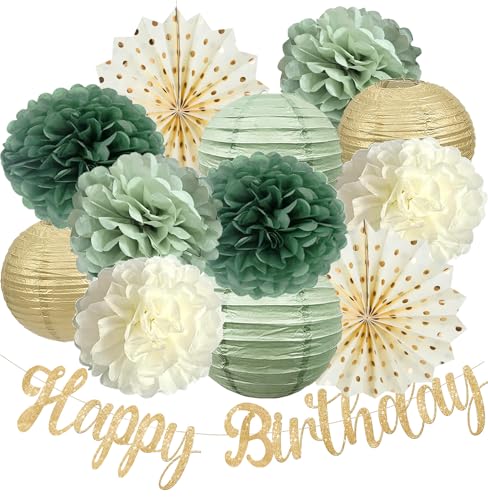 Sage Green Champagne Gold Birthday Decorations with Happy Birthday Glitter Banner for Adults Kids Women Men (Sage Green + Gold)
