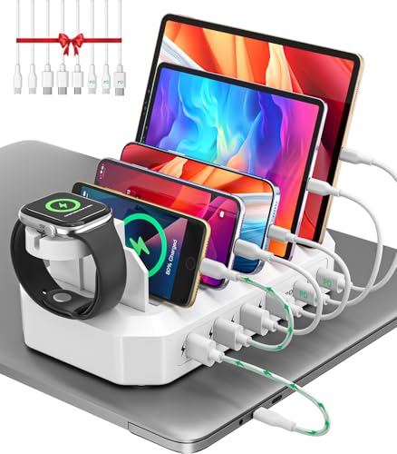 95W Fast Charging Station for Multiple Devices【UL & FCC Certified Safer Charging】 6-Port USB Charging Dock with 2 PD-Port, Compatible with iPhone/Android/MacBook/iPad/Tablet/Kindle/Apple Watch & More