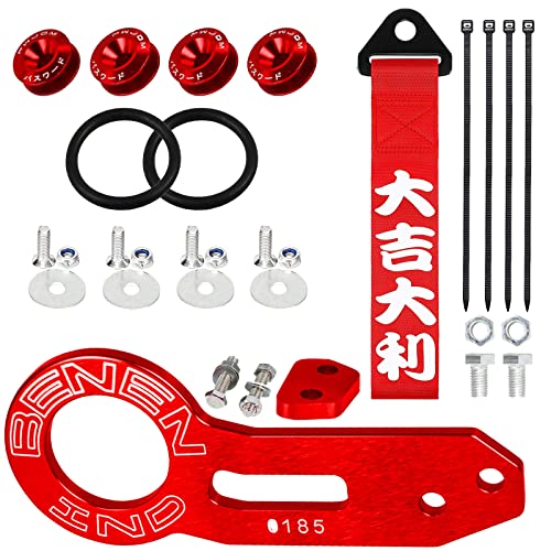 Heart Horse Rear Tow Towing Hook for Universal Car, JDM Bumper Quick Release Front Rear Bumper Fasteners, Decorative Tow Strap Personalized with Chinese Slogan (Red)