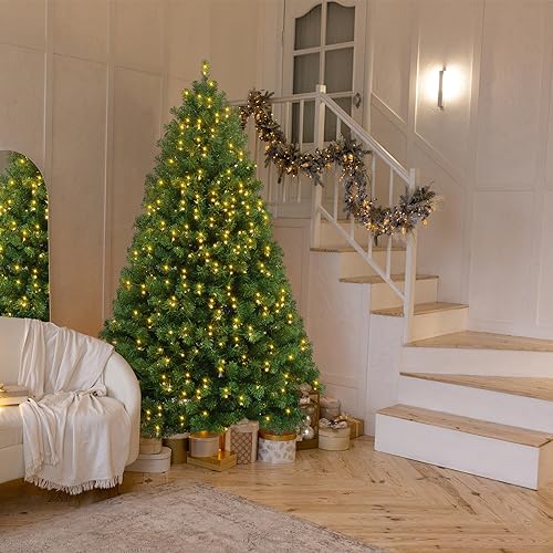Pre-Lit Artificial Christmas Tree, 6ft Holiday Fake Trees with Warm White Lights, Premium Hinged Spruce Xmas Tree with 800 Branch Tips and Foldable Metal Stand for Home, Office, Party