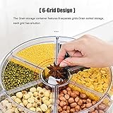 XIYAO 20Lbs large Grain dispenser 360°Rotating Rice Food Dispenser 6 Grids rice container rotatable Beans Containers Storage with Sealed lid for Peanut Barley Millet and Cereal