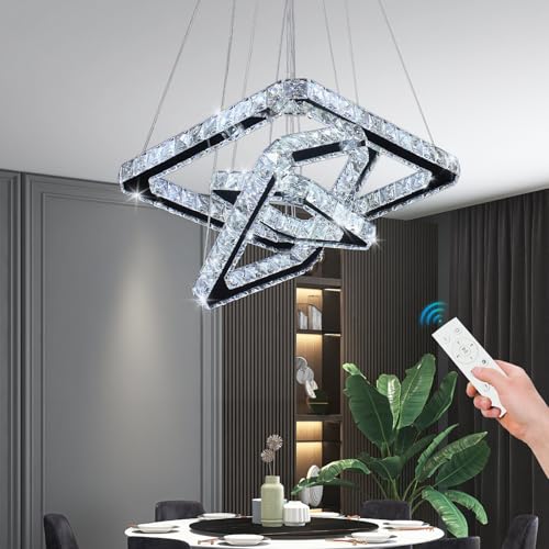 diisunbihuo Modern Crystal Chandeliers LED Square 3-Rings Chandelier Pendant Lights Height Shape Adjustable Ceiling Lamp for Bedroom Living Room(Dimmable)