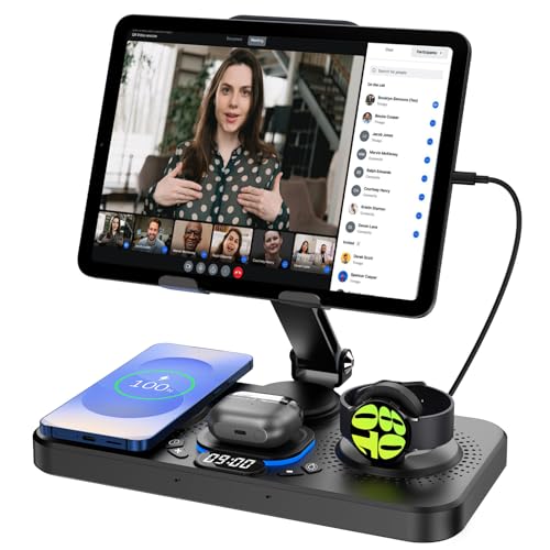 6 in 1 Wireless Charger for Samsung Device, 30W Foldable Android Mag-Safe Charging Station for Tablet with Clock & 7 Color Light, Nightstand Charger for Galaxy S25 Ultra/Watch 7/Buds 3 Pro(Black)