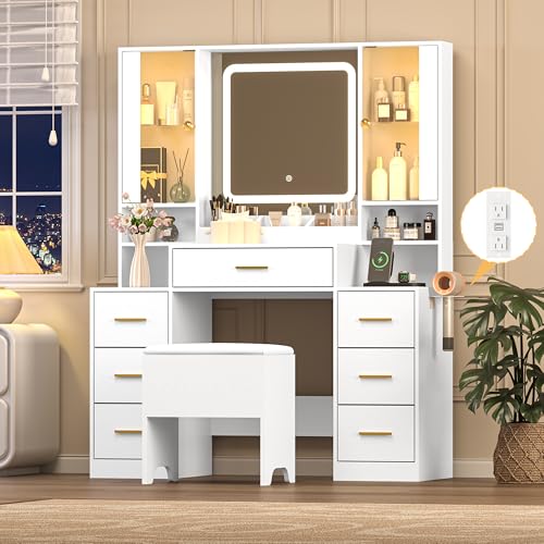 Wodeer White Makeup Vanity Desk with Mirror & Lights, Modern Vanity Table with Charging Station, 7 Drawers, Glass Cabinet, Shelves & Cushioned Stool, Bedroom Dressing Table Set for Women & Girls