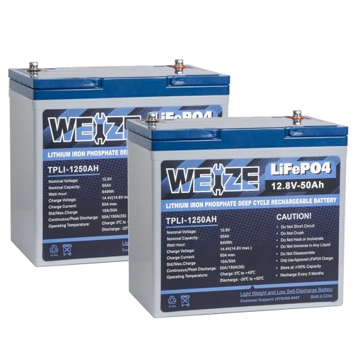 WEIZE 12V 50Ah Lithium LiFePO4 Battery, Built in BMS, 8000+ Deep Cycles Lithium Iron Phosphate Group 24 Battery for Marine, Boat, Trolling Motor, Solar, Power Wheelchair, Backup Sump Pump (2 Packs)
