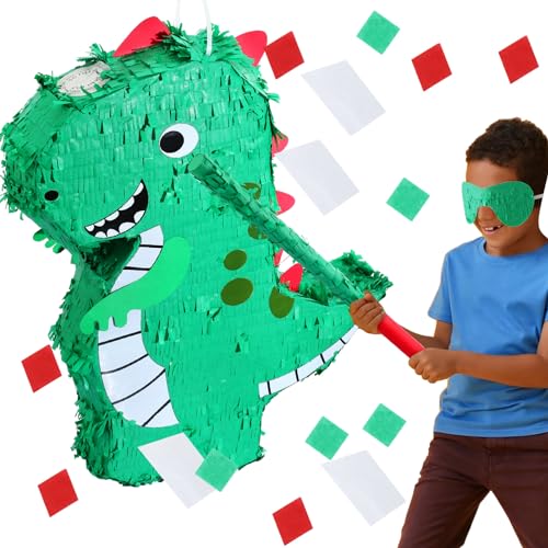 Hollowfly 20 Inches Large Piñata for Birthday Party with a Blindfold and Bat Piñata Birthday Party Decorations for Kids Anniversary Game Supplies(Dinosaur)