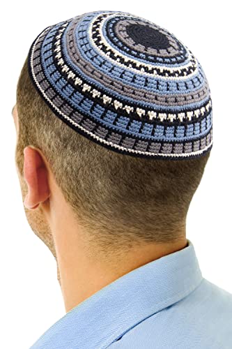 HolYudaica Hand Made 100% Cotton DMC Hand Knitted Kippah Hat Designed in Israel, Yamaka Jewish Hats for Men, Yarmulke Hat (Black Grey & Blue, 19cm-7.5inch-Flat)