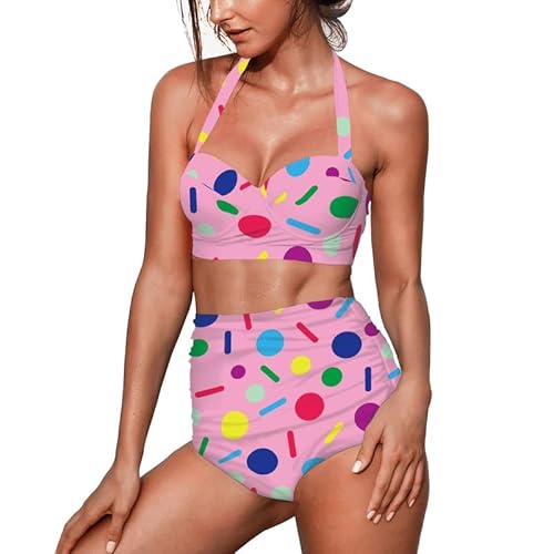 Daulesho Cartoon Colored Circles Ladies Swimwear Bikini Rainbow Sprinkles Triangle Halter Two Piece Bathing Suits with Padding Pink Circular Lines High Waisted Pleated Swimwear -M