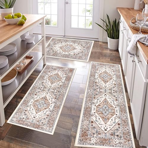 Pauwer Kitchen Rugs Sets of 3 Non Slip Washable Kitchen Mats for Floor Farmhouse Kitchen Floor Mat Runner Rug Boho Kitchen Sink Rug Carpet for Kitchen Hallway Laundry Room, Beige