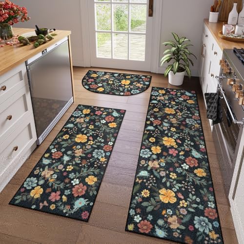 KIMODE Farmhouse Kitchen Rugs Non Slip Washable, Black Floral Kitchen Mats for Floor 3 Piece Set, Half Circle Kitchen Runner Rug for Hallways Laundry Sink Entrance Office 20"x32"+20"x47"+20"x71"