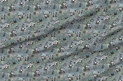 Spoonflower Fabric - Pirate Ships Map Grey Small Sword Storm Antique Historical Gray Printed on Chiffon Fabric by The Yard - Sewing Fashion Apparel Dresses Home Decor