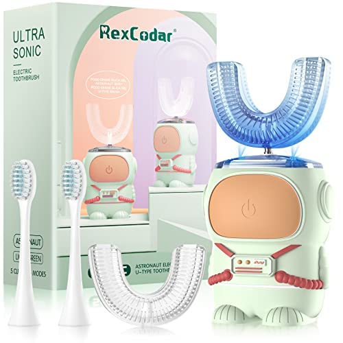Ultrasonic Kid's U-Shaped Electric Toothbrush, IPX7 Waterproof, Five Cleaning Modes, 60S Smart Reminder (Cartoon Astronaut,Green Ages 6-12)