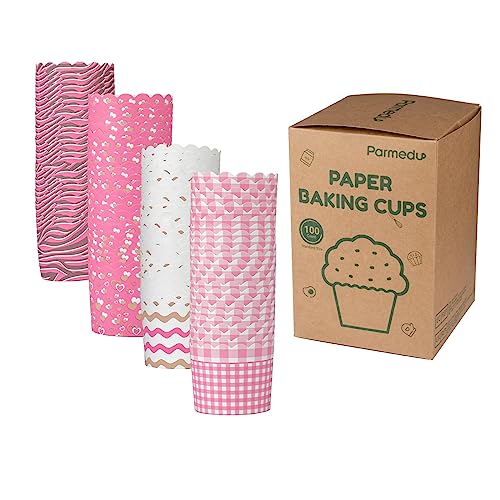 Parmedu 100pcs Baking Paper Cupcake & Muffin Liners - 2.4 Inches, No Baking Pan Needed, Thick & Sturdy, High Temperature & Oil Resistant, Non-stick - Pink Serie 4 Patterns, Model BK011