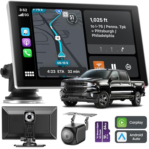 Jzones Carplay Screen for Car, 9" Portable Wireless Carplay&Android Auto, 4K Dash Cam,1080P Backup Camera, Car Satellite Radio with GPS Navigation, Mirror Link, Bluetooth,FM, Siri