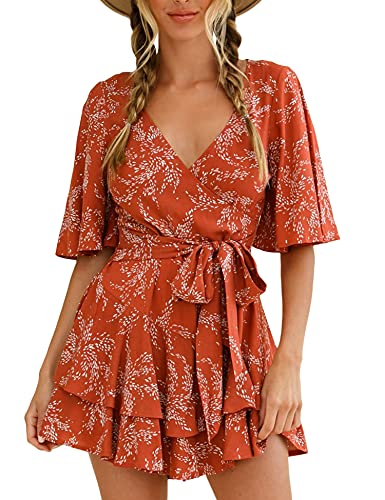 AIMCOO Womens Summer Short Flared Sleeve Romper V Neck Floral Print Jumpsuit Waist Tie Layer Ruffle Hem Dress Look Rompers (Red, Medium)