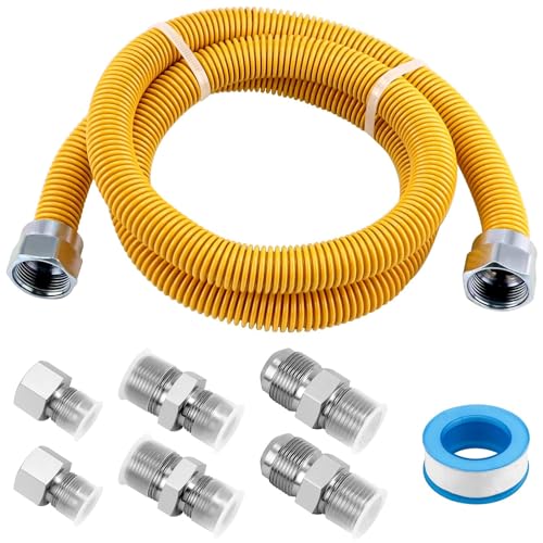 AMI PARTS 48" Flexible Gas Line Kit Yellow Coated, Gas Hose Connector Kit for Dryer, Stove, Water Heater,5/8" OD(1/2" ID) Stainless Steel Gas Line with Connector 1/2" MIP &1/2"FIP & 3/4"MIP Fitting