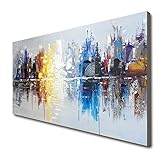 Large Hand Painted Abstract Reflection Cityscape Canvas Wall Art Modern Oil Painting Contemporary Decor Artwork (60 x 30 inch)