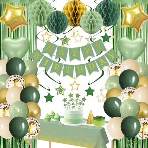 Sage Green Gold Birthday Party Decorations Supplies Happy Birthday Banner Honeycomb Balls Fringe Curtain Foil Balloons Hanging Swirls Cake Topper Tablecloth Party Supplies for Women Girls