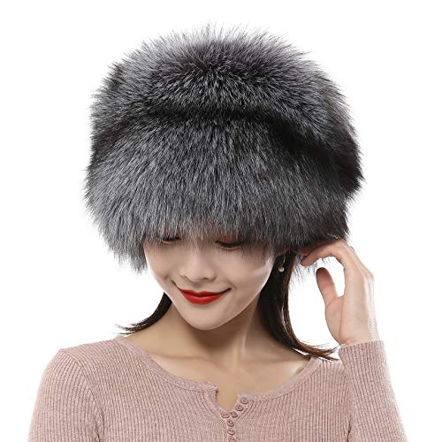 Valpeak Real Fur Hats for Women Winter Russian Fox Fur Hat Fluffy Fuzzy Furry Tail Outdoor Cold Weather (Silver) …
