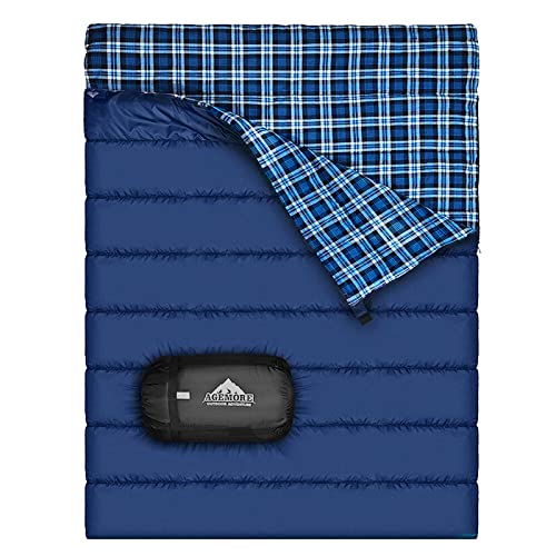 AGEMORE Cotton Flannel Double Sleeping Bag for Camping, Backpacking Or Hiking. Queen Size 2 Person Waterproof Sleeping Bag for Adults Or Teens. Lightweight with Compression Sack