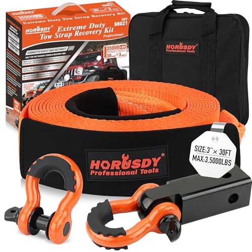 HORUSDY Nylon Heavy Duty Tow Strap Recovery Strap with Hooks 3" x 30Ft - 35,000 LBS Break Strength, 2" Shackle Hitch Receiver + 3/4 D Ring Shackles (2pcs), Recover Your Vehicle Stuck in Mud/Snow.