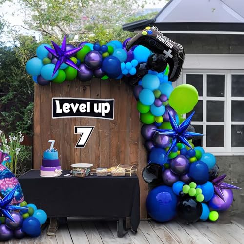 yeewaka Video game balloon garland arch kit 140pcs purple blue green black balloons with Diy starburst controller mylar balloon for gamer night Birthday party decorations