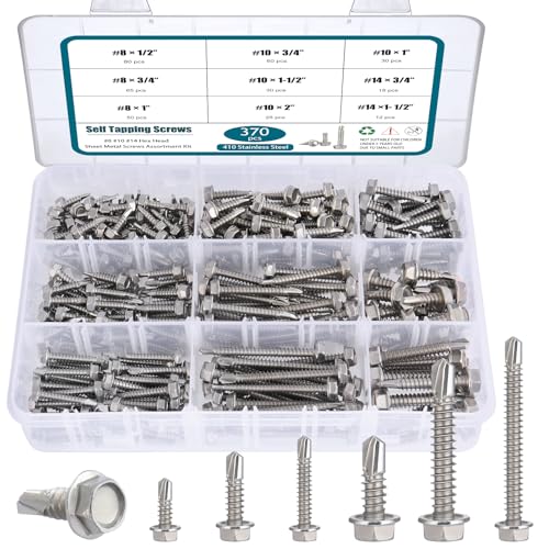 SATANTECH #8#10#14 Self Drilling Screws Assortment Kit,410 Stainless Steel Self Tapping Sheet Metal Screws Hex Washer Head,370Pcs Self Tapping Screws for Metal Wood Plastic,1/2" 3/4" 1" 1-1/2" 2"