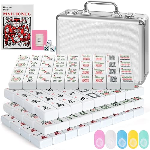 American Mahjong Tile Game Set - Mahjong Game Set with Premium Aluminum case, 166 White Tiles, 100 Money Chips, 3 Dice, 6 Spare Tiles & Manual, Beautiful Mahjong Sets