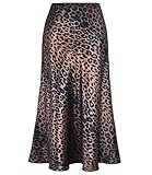 Women's Satin High Waist Hidden Elasticized Waistband Flared Casual A Line Midi Skirt (Leopard Brown, Medium)